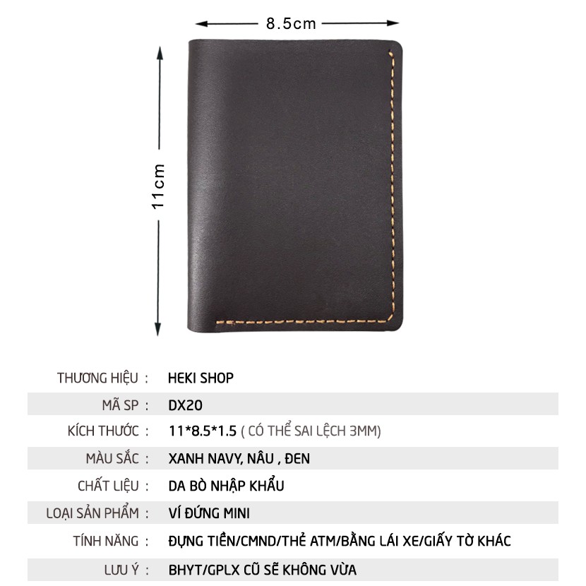 Ví nam mini da bò handmade nhỏ gọn kiểu đứng thời trang HEKI DX20