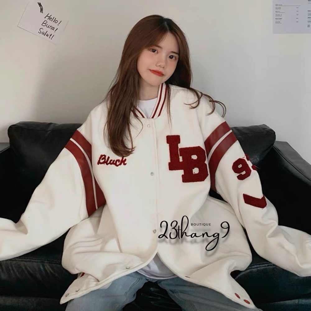 Áo khoác nỉ bomber nữ nam áo khoác nỉ LB form rộng bấm cúc màu trắng màu đen in hình đẹp unisex 23thang9