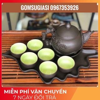 Ấm chén tử sa hàng đắp nổi - khay lá