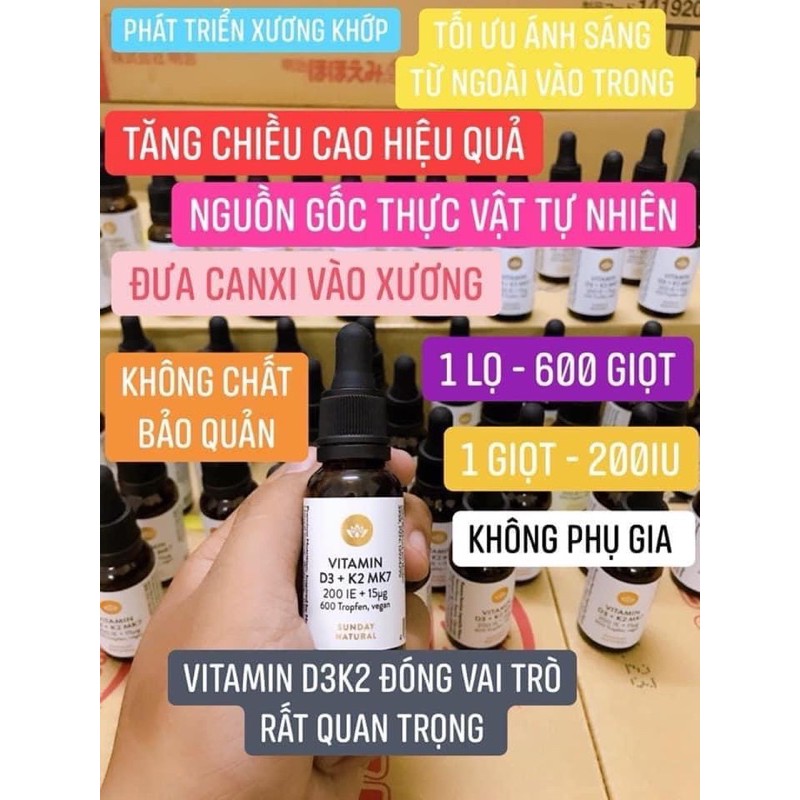 Vitamin D3+K2 MK7 20ml chính hãng Sunday natural nội địa Đức,thực phẩm bổ sung dành cho bé từ 0 tháng tuổi