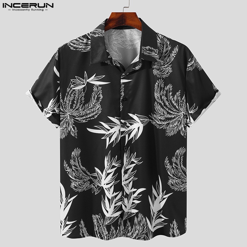 Áo sơ mi INCERUN tay ngắn cổ lật in họa tiết độc đáo thời trang trẻ trung cho nam