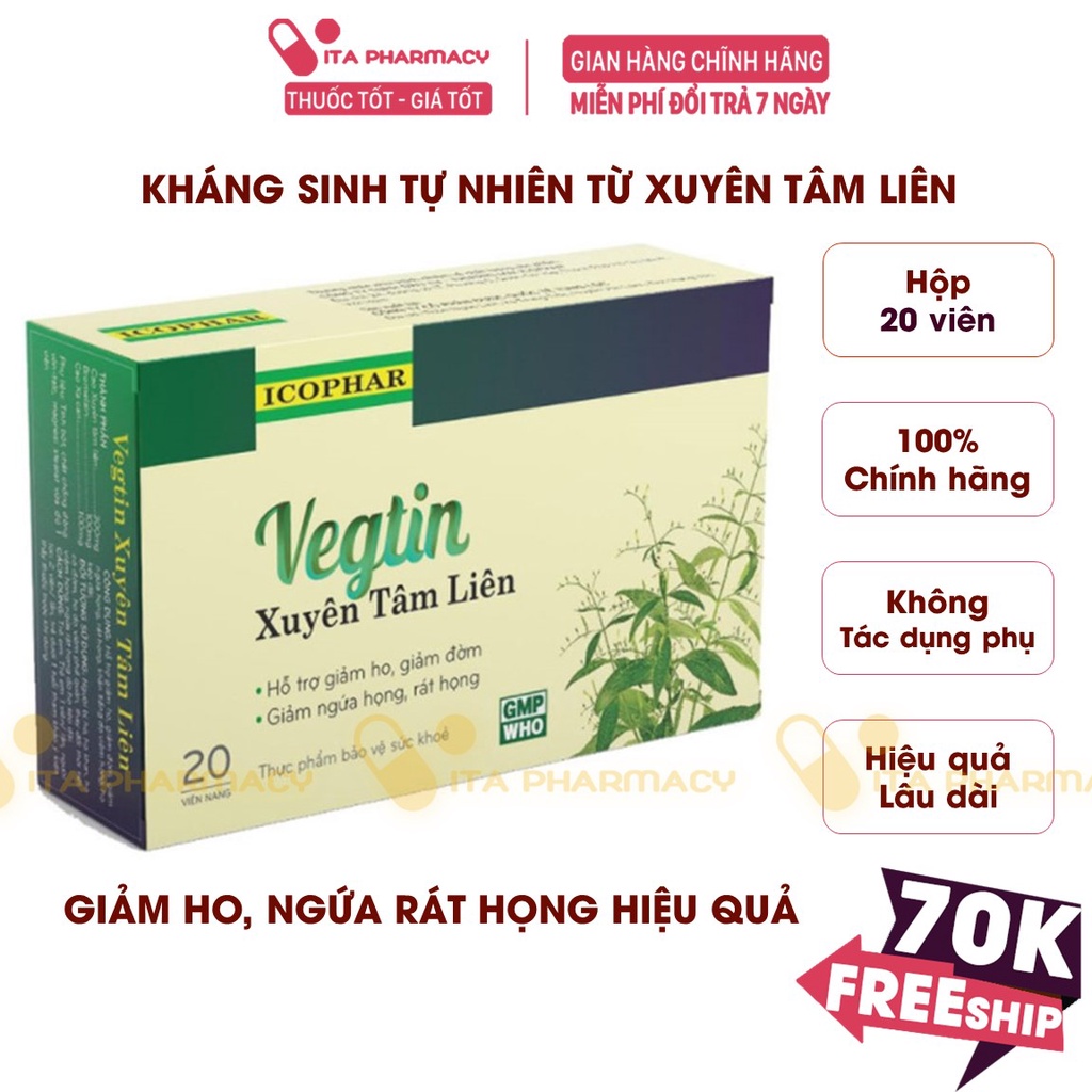 Xuyên Tâm Liên VEGTIN Hỗ trợ giảm ho khan, ho có đờm, giảm ngứa, đau rát họng hiệu quả. Hộp 20 viên