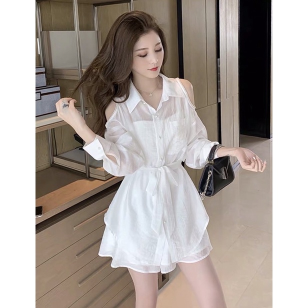 Set Áo Hở Vai +Quần Kèm Belt Đính Ngọc Trai Nhân Tạo Sành Điệu Thời Trang Quảng Châu