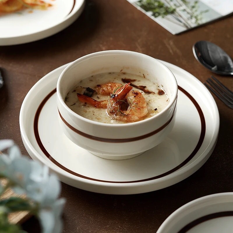 Tô đĩa viền nâu sâu lòng phong cách Hàn Quốc- BONMI DECOR