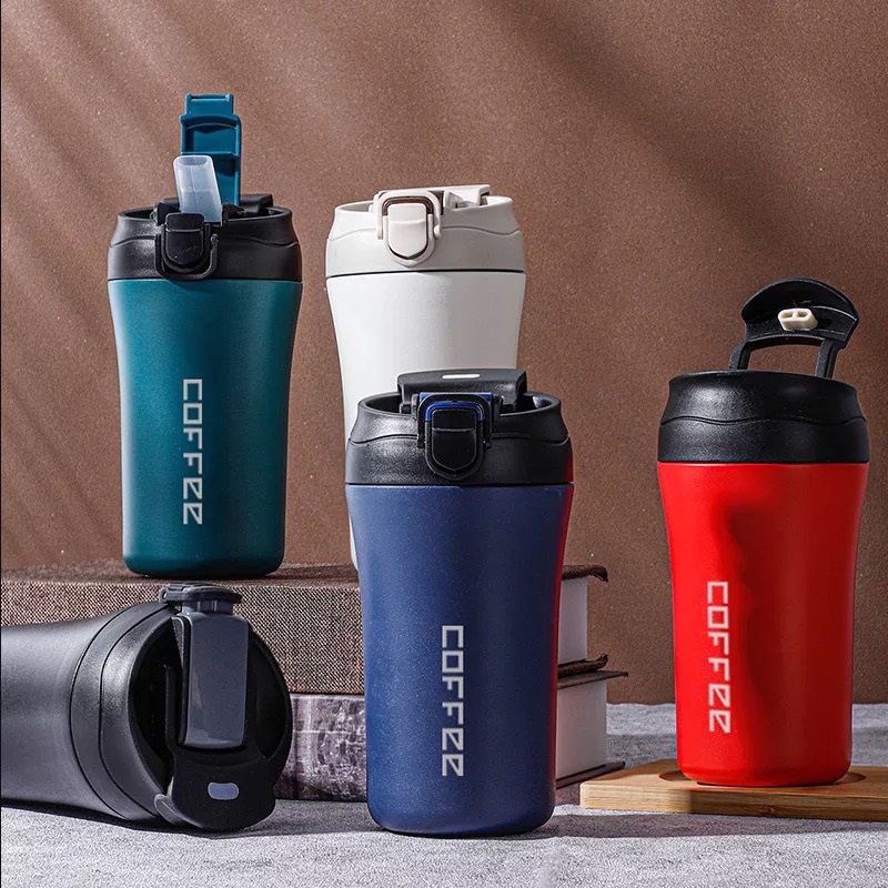 Cốc Giữ Nhiệt Cà Phê Bằng Thép Không Gỉ 420Ml Bình Có Ống Hút Chân Không RUGUO