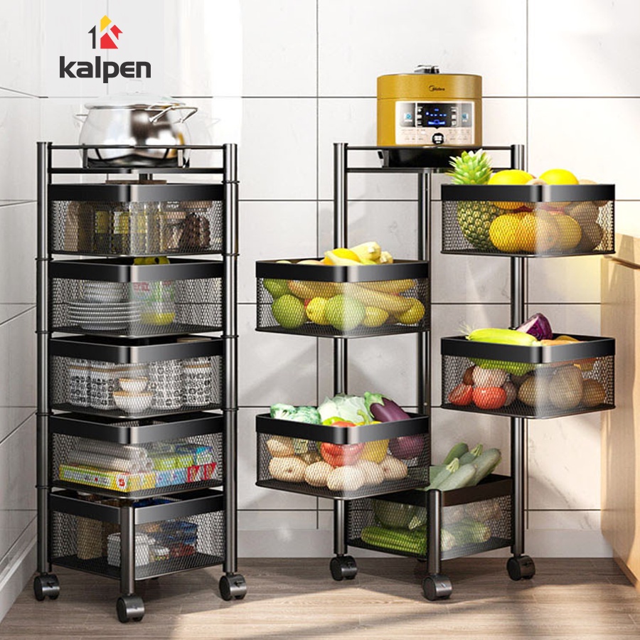 KỆ XOAY VUÔNG Đựng Rau Củ Đồ Dùng Đa Năng Thông Minh 5 Tầng Kalpen, Rổ không tháo rời tiện lợi cho mọi nhà.
