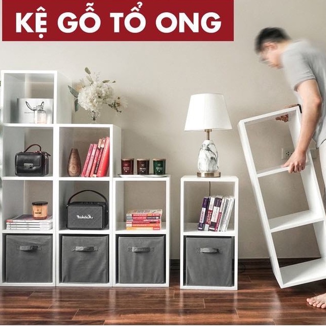 Kệ sách tổ ong gỗ MDF trang trí phòng ngủ, phòng sách phong cách Hàn Quốc màu trắng l Kệ tổ ong 2-3-4 ô decor phòng
