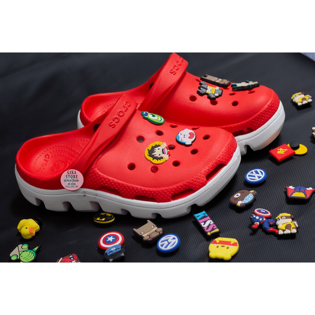 Dép sục cross nam, giày cross nữ đế cao đi mưa full box  màu đỏ và full size 35 đến 45, tặng 12 sticker gắn dép