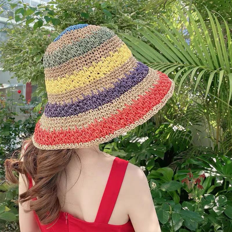Nón Cối Rộng Vành Họa Tiết Kẻ Sọc Màu Sắc Cầu Vồng Xinh Xắn Thời Trang Mùa Hè Cho Bé Gái