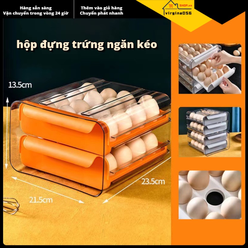 Có thể bán buôn Ngăn kéo đựng trứng Hai lớp trong suốt không độc hại Hộp bảo quản dung tích lớn có tay cầm cho tủ lạnh Hàng giao ngayVirgina056