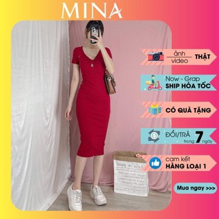 Váy thun body khoét ngực sexy, tay phồng ngắn/ Đầm ôm dáng dài siêu tôn dáng, co giãn 4 chiều thoải mái