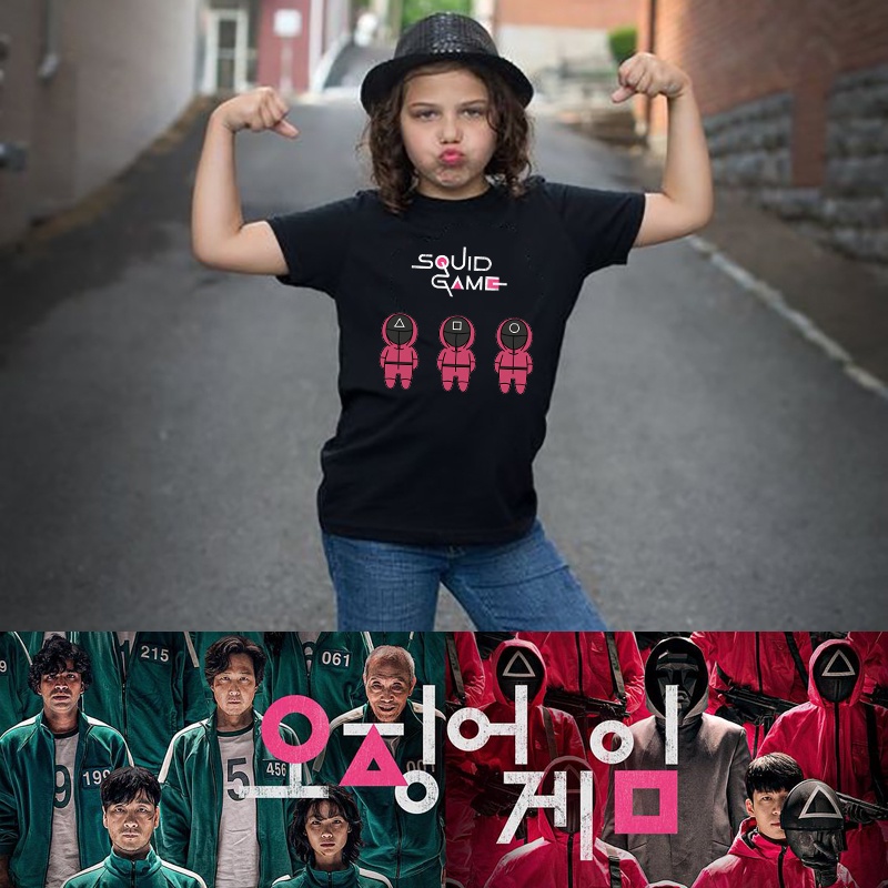 Áo Thun Tay Ngắn Cổ Tròn Màu Đen In Hình Game Netflix Kdrama Cho Bé