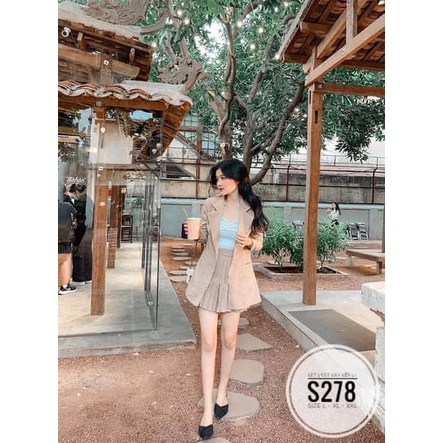 BIGSIZE Set áo vest blazer váy xếp li S278