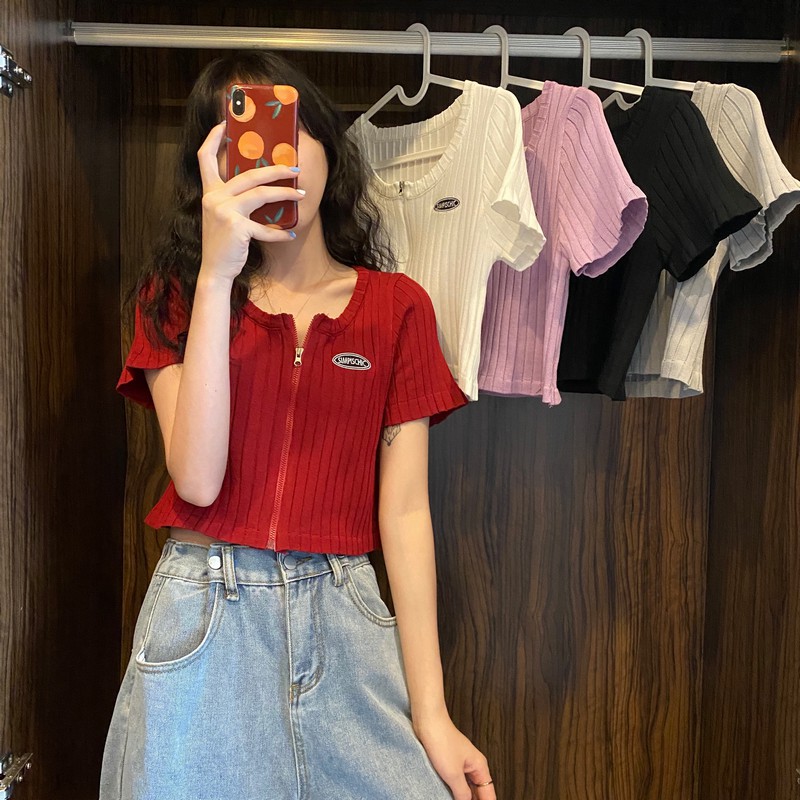 Áo croptop dệt kim cổ tròn thiết kế khóa kéo phong cách Hàn Quốc thời trang nữ | BigBuy360 - bigbuy360.vn