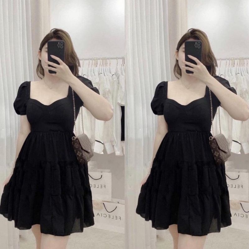 VÁY CÚP NGỰC 3 TẦNG CỔ VUÔNG TAY BỒNG | BigBuy360 - bigbuy360.vn