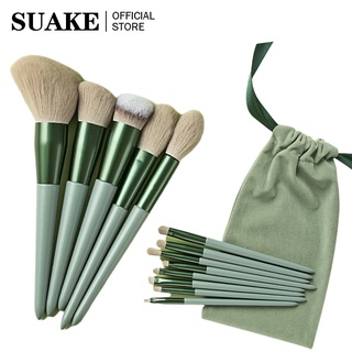 Set 13 cọ trang điểm SUAKE màu xanh lá cán gỗ đầu cọ mềm kèm túi đựng