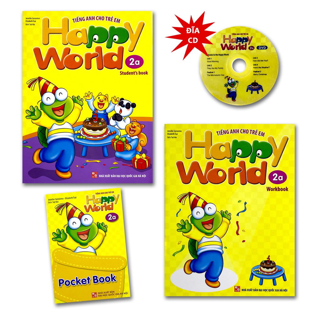 Sách - Tiếng Anh Cho Trẻ Em - Happy World - 2a (Bộ 2 quyển, 1 sổ tay, 1 đĩa DVD)