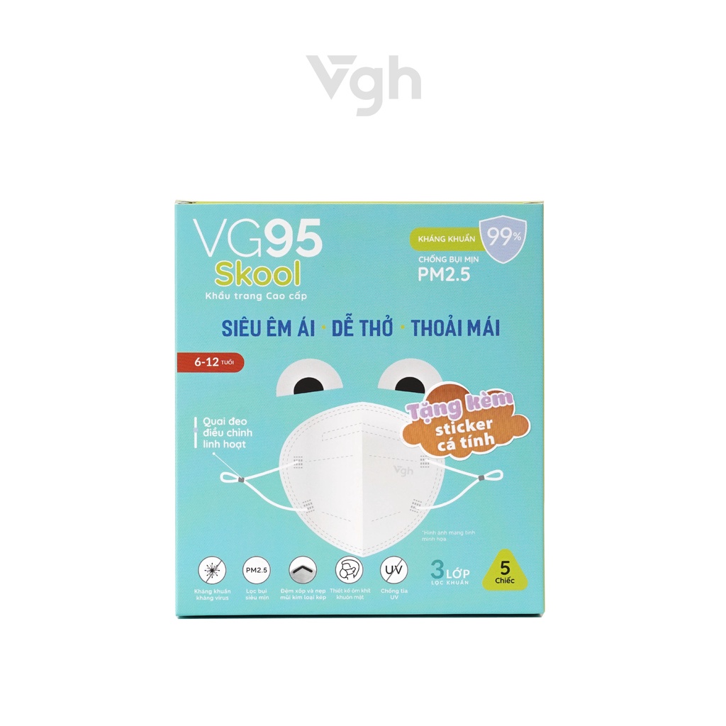 Khẩu trang trẻ em VG95 Skool kháng khuẩn, êm ái, dễ thở, dễ thương, thoải mái - Chính hãng VG Healthcare - Hộp 5 chiếc