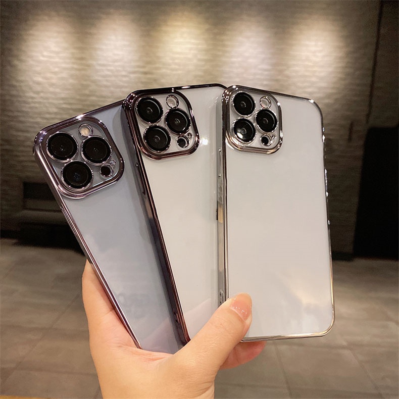 Ốp lưng silicon mềm trong suốt được mạ vàng sang trọng với màng ống kính cho iPhone 11 12 13 Pro Max X XS XR XSMAX