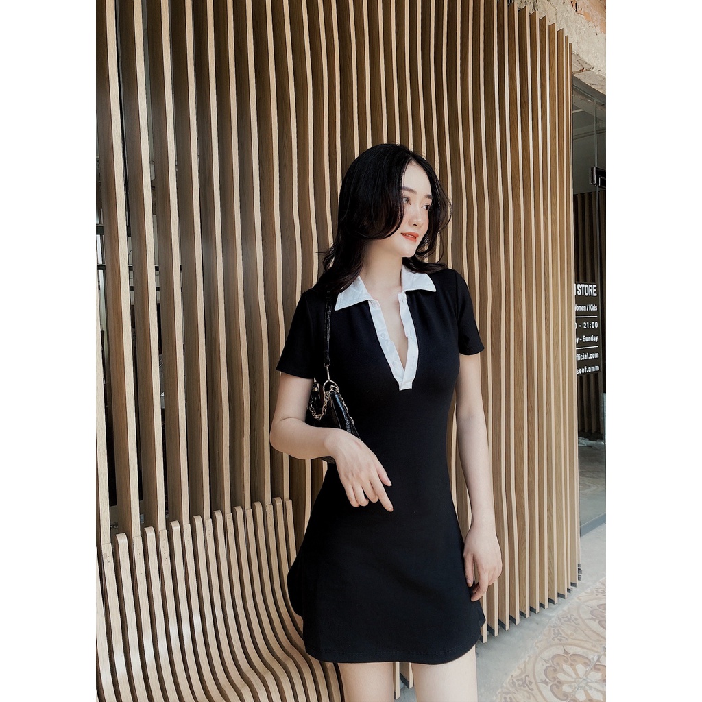 Váy đầm nữ cộc tay phối cổ trắng siêu xinh - Váy polo body tay ngắn đi dự tiệc, đi chơi dạo phố chất thun tăm freesize