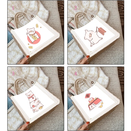 túi cói heo lulu TCI28a túi vải bố đi biển vintage dễ thương hoạt hình