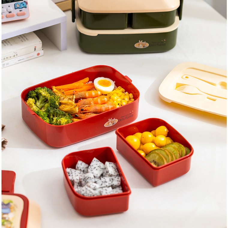 Hộp đựng cơm 2 tầng 3 ngăn có quai xách tặng thìa đũa an toàn cho lò vi sóng - Hộp cơm văn phòng có sẵn