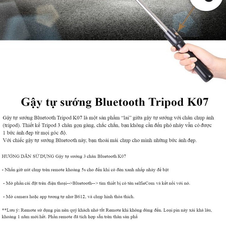 Gậy Tự Sướng  Bluetooth K07 - Giá Đỡ Điện Thoại Selfie Gậy Chụp Hình Bluetooth siêu hot