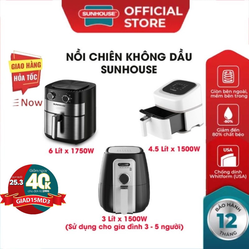 Nồi chiên không dầu SUNHOUSE SHD4086w dung tích 4.5L giảm béo chiên nướng dễ dàng tiết kiệm thời gian an toàn sử dung