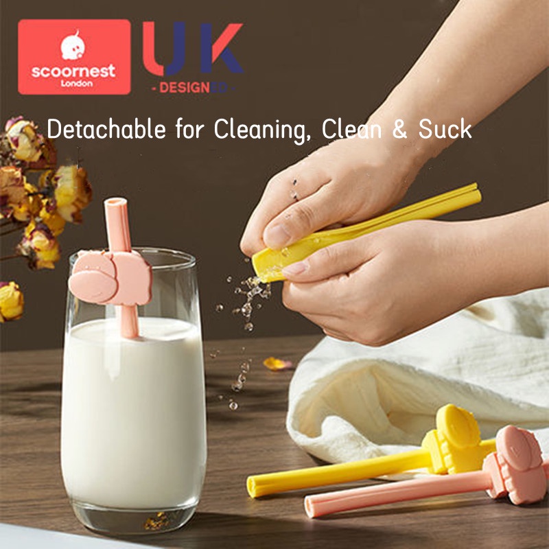Set 2 Ống Hút Silicone Tái Sử Dụng Được Có Thể Tháo Rời Kèm Khóa Cài Cho Bé