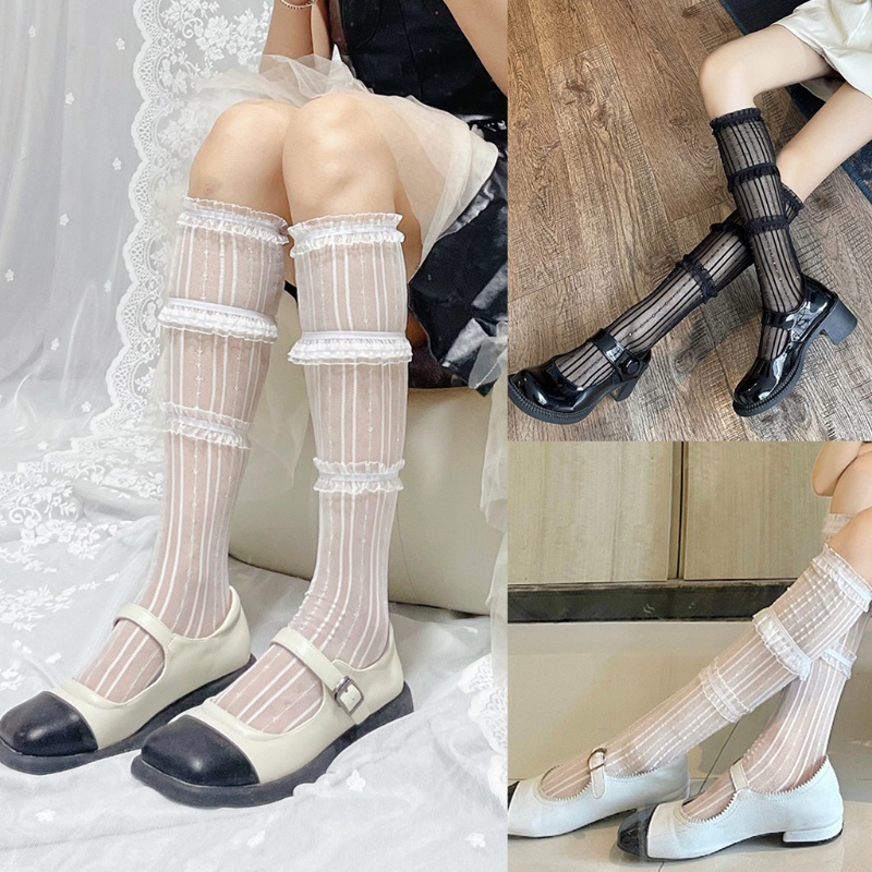 Vớ Dài Qua Gối Vải Lụa Mỏng 3 Tầng Viền Ren Lưới Sọc Kim Tuyến Phong Cách Lolita Nhật Bản Harajuku Mùa Hè Cho Nữ