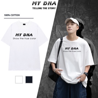 Áo phông tay lỡ form rộng unisex - Áo thun cotton local brand cặp đôi nam nữ cổ tròn màu trắng, đen MY DNA LOGO