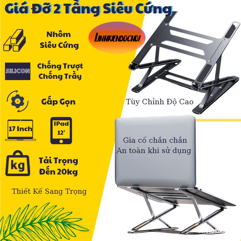 Giá Đỡ laptop nhôm, giá đỡ macbook thiết kế 2 tầng tản nhiệt gấp gọn chỉnh độ cao
