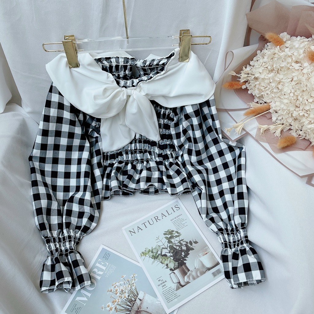 Áo Kiểu Nữ💥𝑭𝑹𝑬𝑬𝑺𝑯𝑰𝑷💥Áo Caro Cổ Sen Tay Dài,Áo Tiểu Thư Xịn Xò Chất Voan Dày-LY STORE
