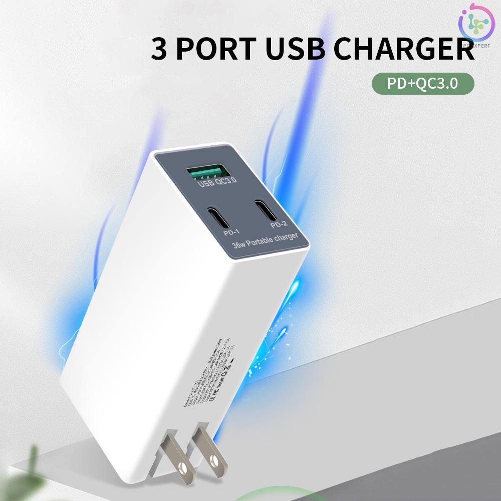 WLX-X3 3 Port USB+Type-C Charger Dual PD+QC3.0 Adapter Quick Charge Portable Charger Head for Tablet/Phone UK Plug