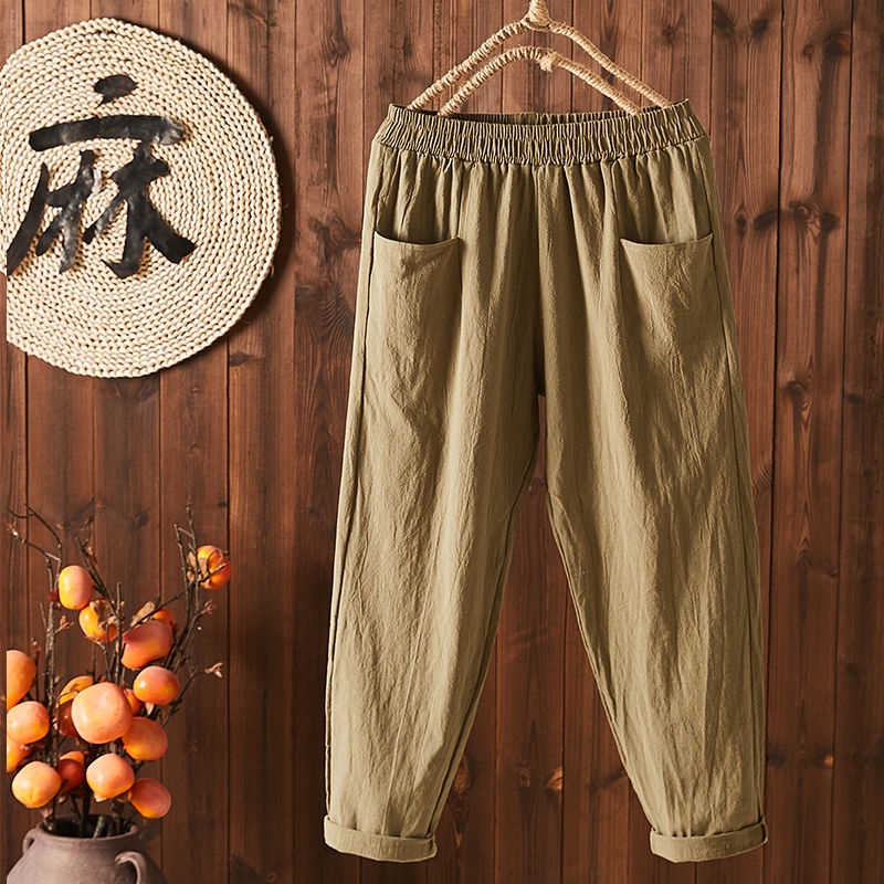Quần dài ống đứng lưng thun bằng vải cotton lanh màu sắc đơn giản cho nữ