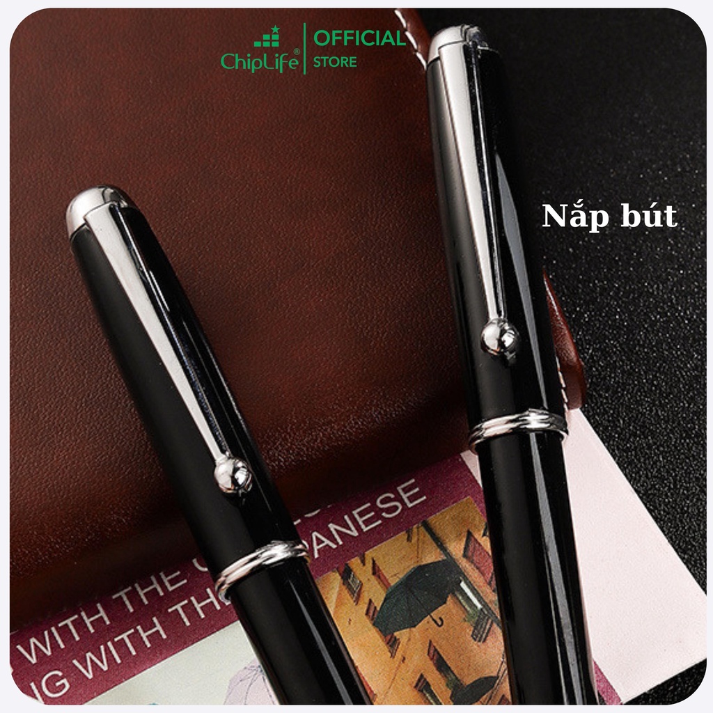 Bút ký doanh nhân cao cấp cài bi CHIPLFE PX012 khắc tên - Đen viền bạc ngòi 0.7mm mực xanh