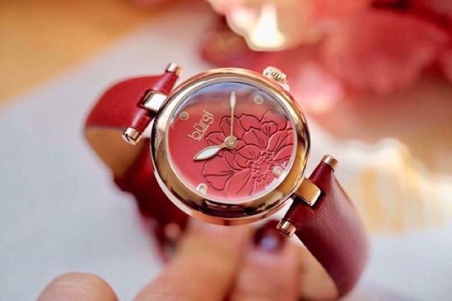 Đồng hồ Burgi nữ hoa mẫu đơn size 31.5mm dây da đỏ