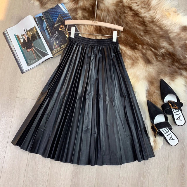 Chân váy maxi da xếp ly cạp chun