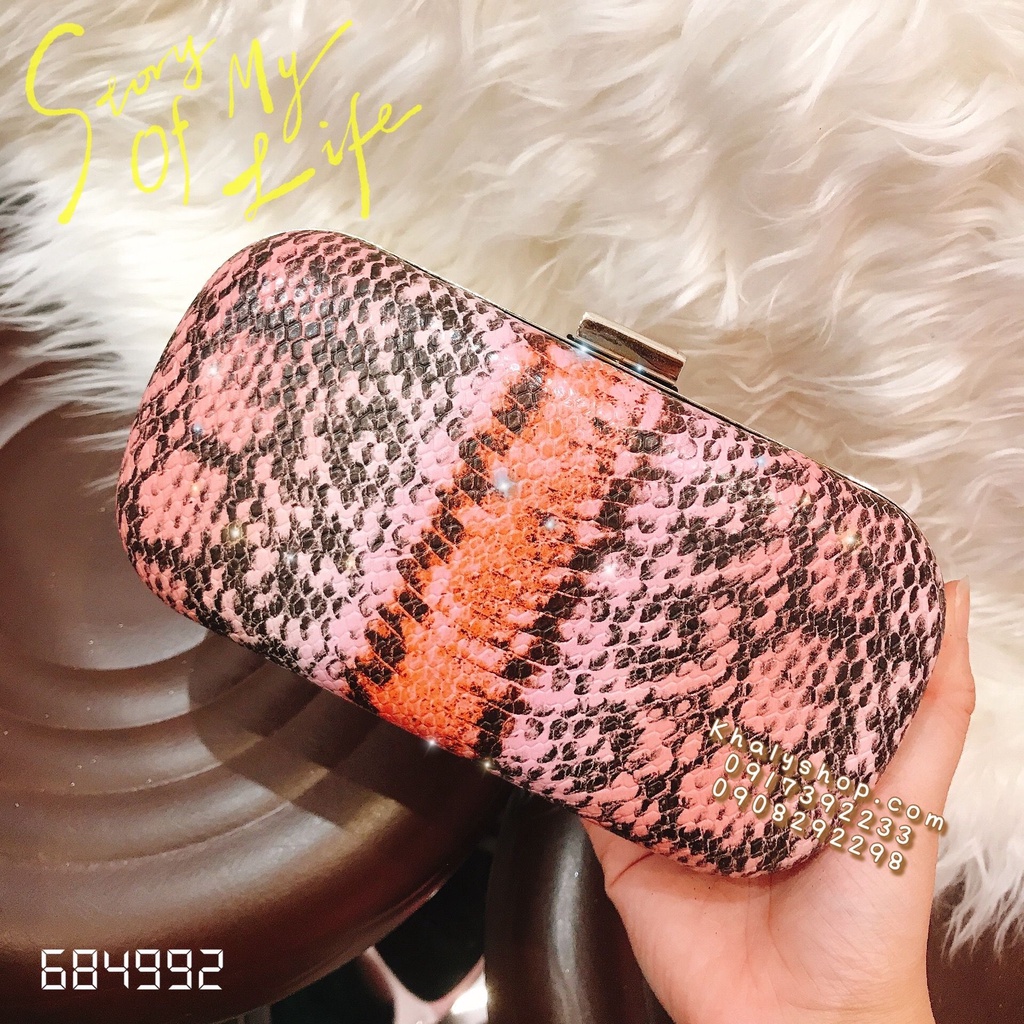 Bóp đầm clutch cao cấp dạ hội dự tiệc sang trọng đeo chéo, cầm tay họa tiết vân rắn màu hồng dành cho bạn nữ (18x4.5x9cm