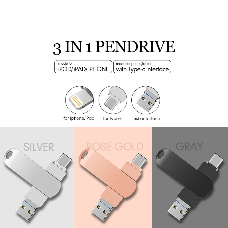 Ổ đĩa flash USB OTG cho loại C/Iphone 16/32/64/128/256/512GB 3 trong 1 bằng kim loại