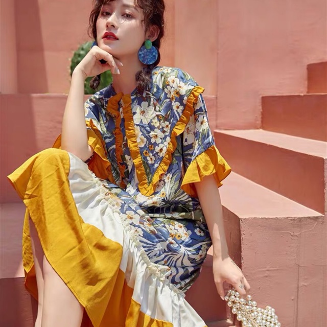 (Ảnh thật)(sẵn) Váy đầm boho hoa thổ cẩm đuôi cá phối bèo tiểu thư Pháp retro vintage | BigBuy360 - bigbuy360.vn