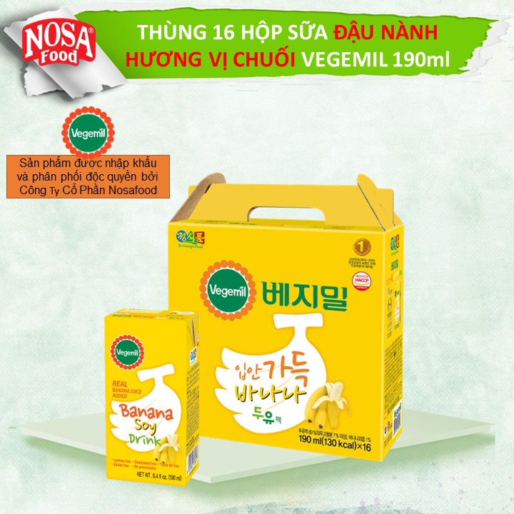 Thùng Sữa Đậu Nành Vegemil Hương Vị Chuối 190ml (16hộp/thùng)