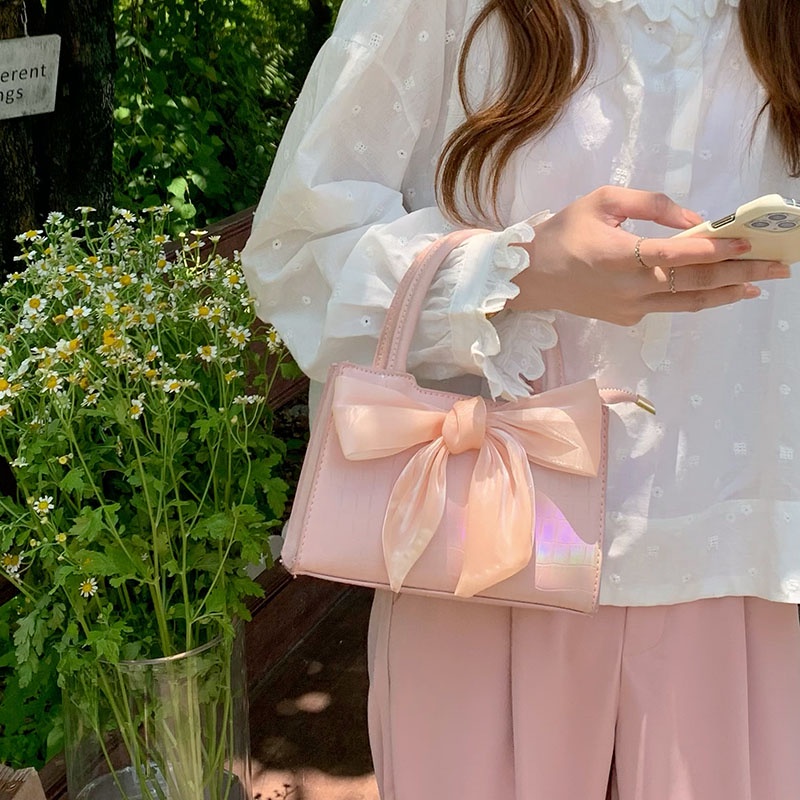 Túi đeo chéo IELGY hình vuông nhỏ đính nơ phong cách Hàn Quốc cho nữ