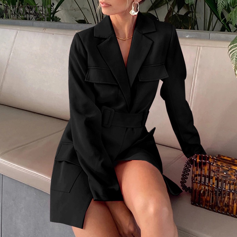 Áo khoác blazer ZANZEA tay dài cổ bẻ màu trơn kèm thắt lưng thời trang đường phố đơn giản cho nữ | BigBuy360 - bigbuy360.vn