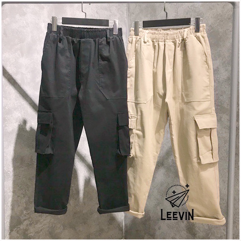 Quần Kaki Nam Nữ TÚI HỘP BOX PANTS Unisex - Kiểu quần Baggy kaki thun co dãn đen và tan be Leevin Store
