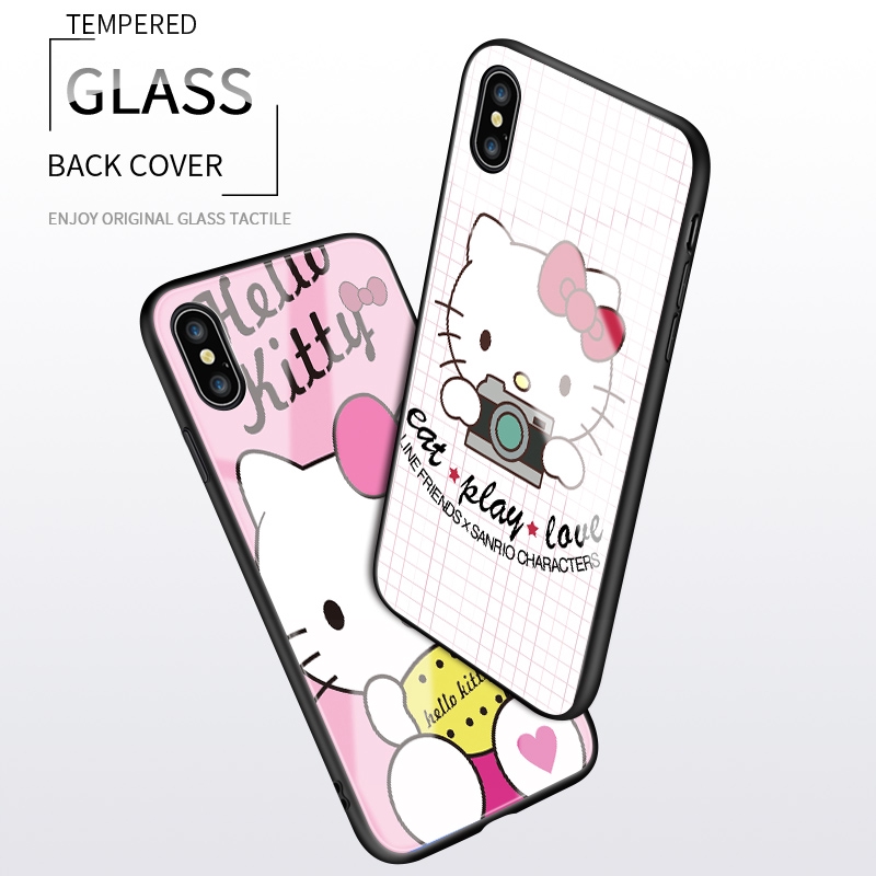 OPPO A9 2020 A5 2020 A92 A52 A92 A52S A71 A71K A31 A73 A75 A75s A83 A91 Phone Case Cartoon Hello Kitty Cute Kitty Cat Casing for Glossy Tempered Glass Back Hard Cover Shockproof Cases Ốp điện thoại kính cường lực In Hình cứng Ốp lưng cho