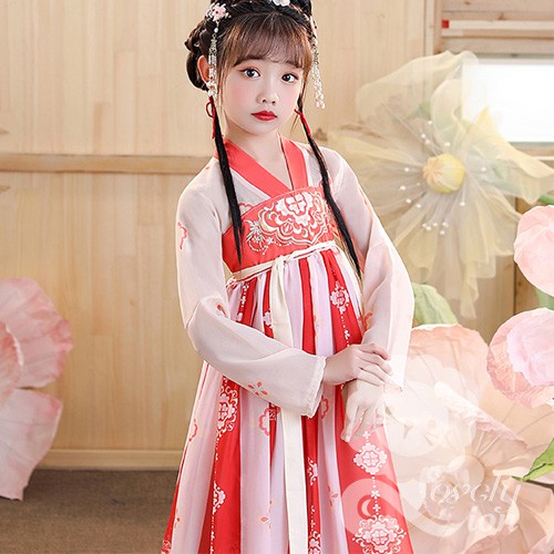 Bộ hán phục công chúa màu đỏ in hoa văn cho bé gái + Tặng khăn lụa