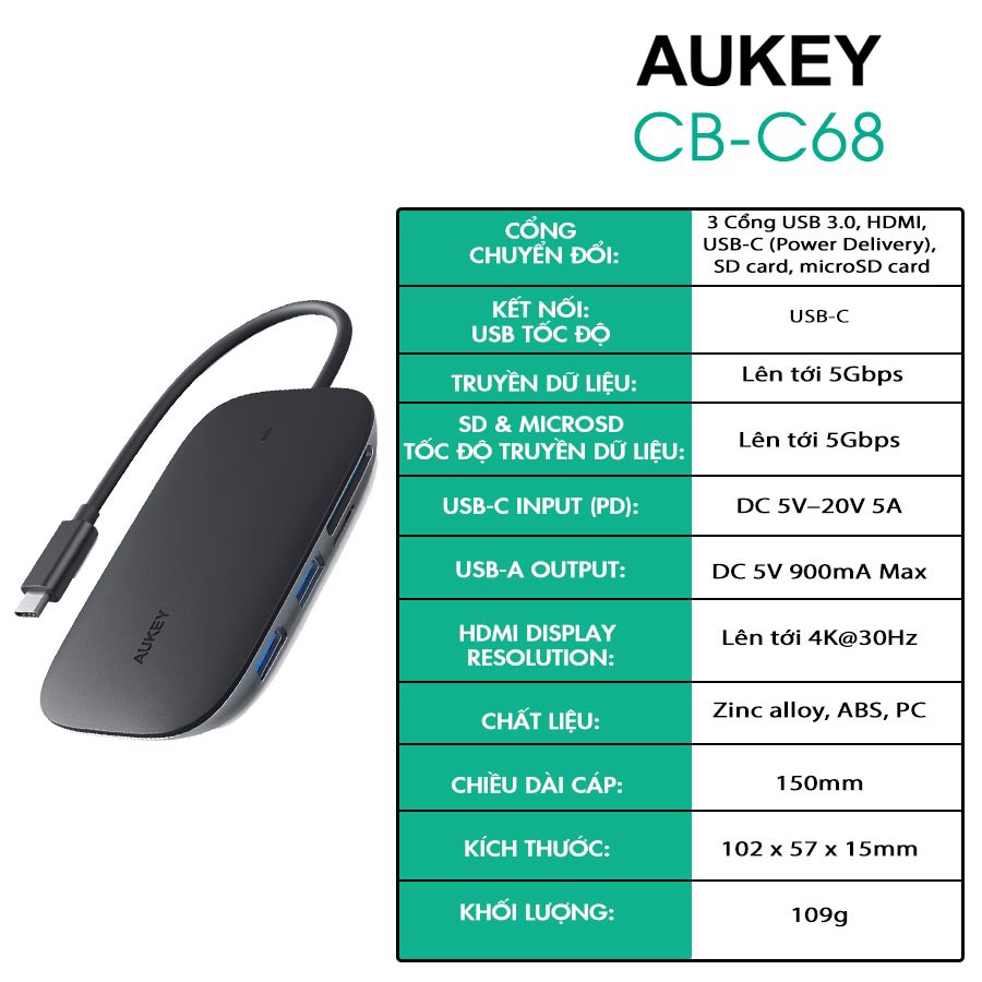 Hub Chia Cổng AUKEY CB-C68 7 Cổng (1 Cổng Type C PD 100W - 1 HDMI Hỗ Trợ 4K - 3 Cổng USB 3.0 - 1 Cổng SD + 1 MicroSD)