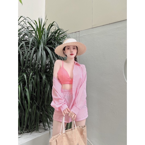 Set bộ sơ mi kẻ xốp kèm áo bra/ set 3 món ALOHASHOP91