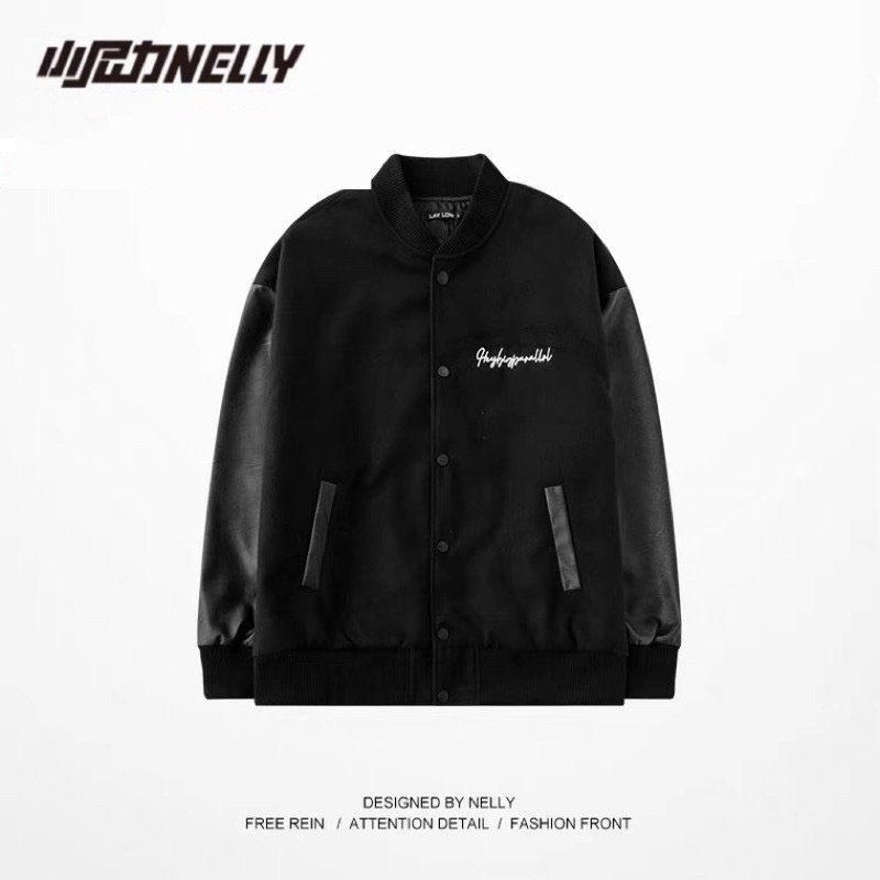 Áo Khoác Tay Da  Nelly Heybig Bomber đính đá Form Rộng Dành Cho Nam Và Nữ 109